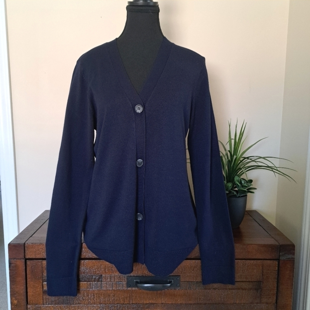 Karen Scott Cardigan Women's Medium Navy Blue Long Sleeved Sweater Button Up